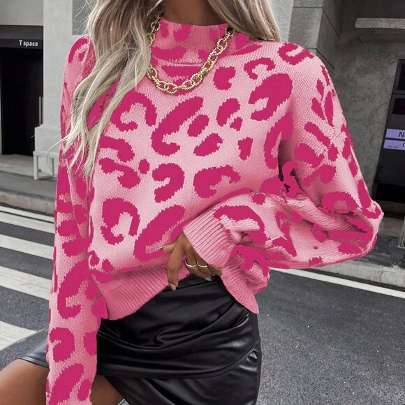 Multicolor Casual Women's Leopard Print Crew Neck Long Sleeve Pullover Sweater - Picture 1 of 6